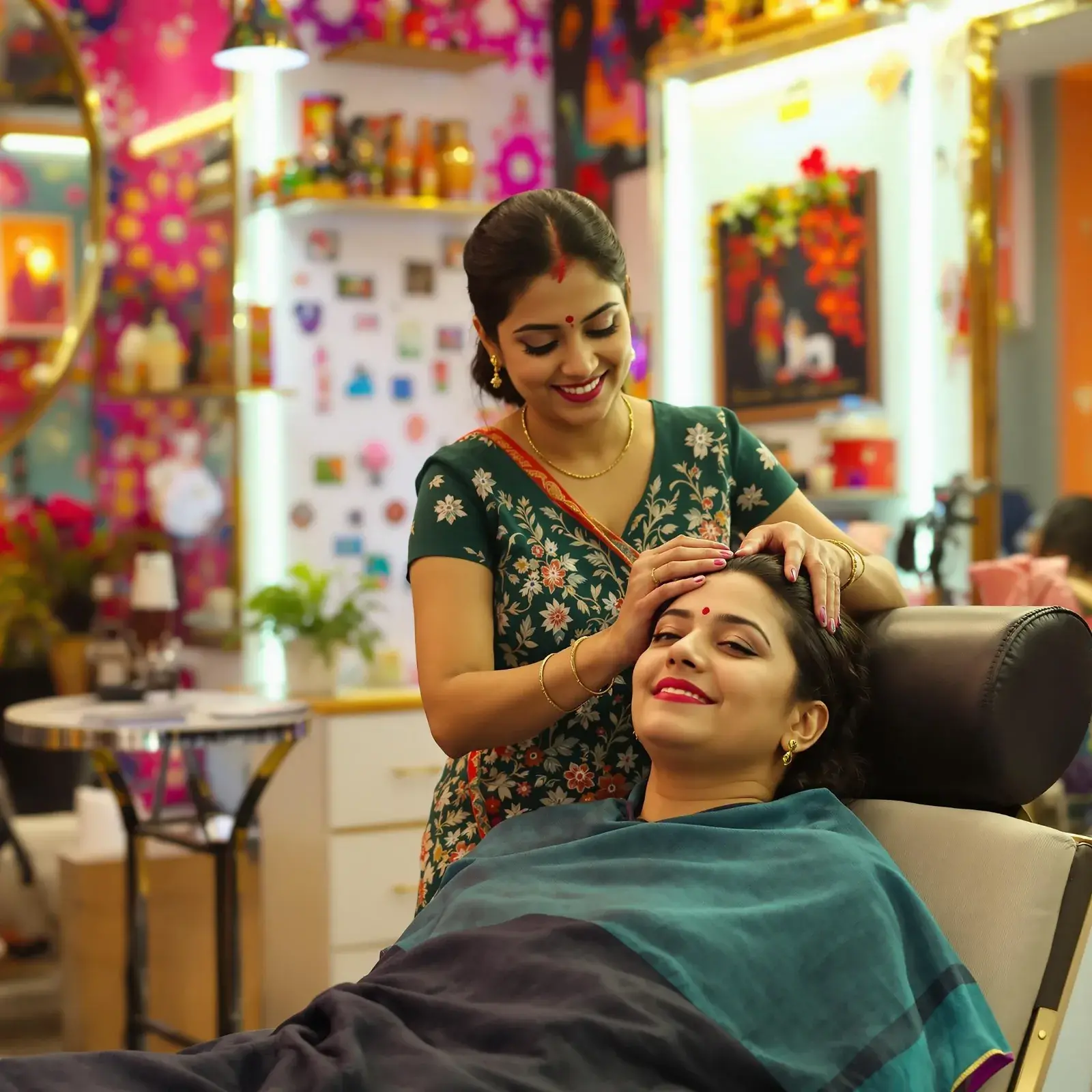 Beautician providing facial service to a smiling client in a colorful salon setup.